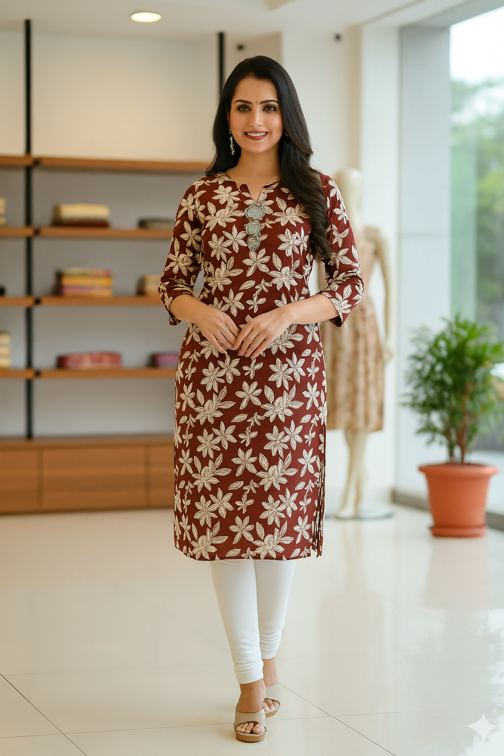 Maroon Floral Printed Straight Kurti with Mirror-Work Neckline – Soft Cotton Everyday Wear