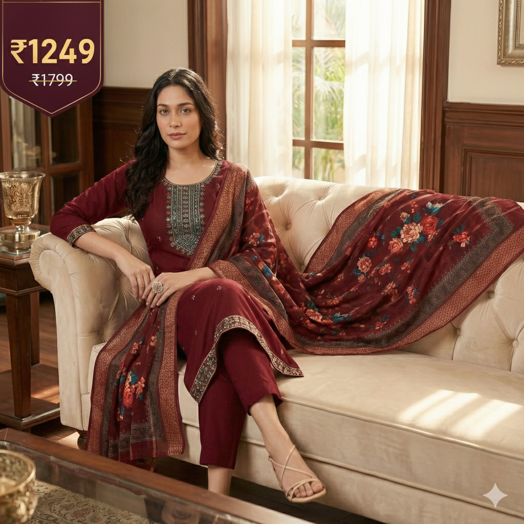 Maroon Embroidered 3-Piece Suit Set for Women – Kurta, Straight Pants & Printed Dupatta
