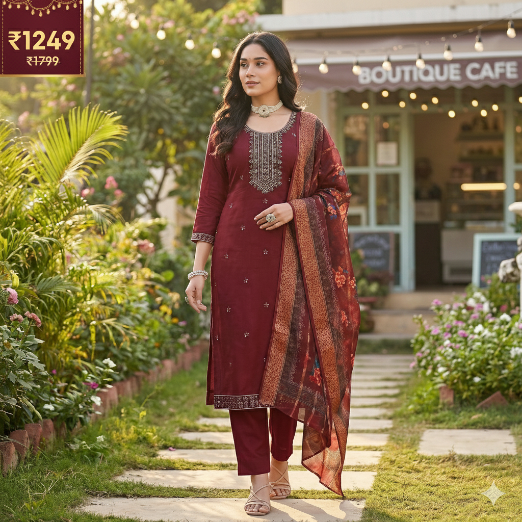 Maroon Embroidered 3-Piece Suit Set for Women – Kurta, Straight Pants & Printed Dupatta