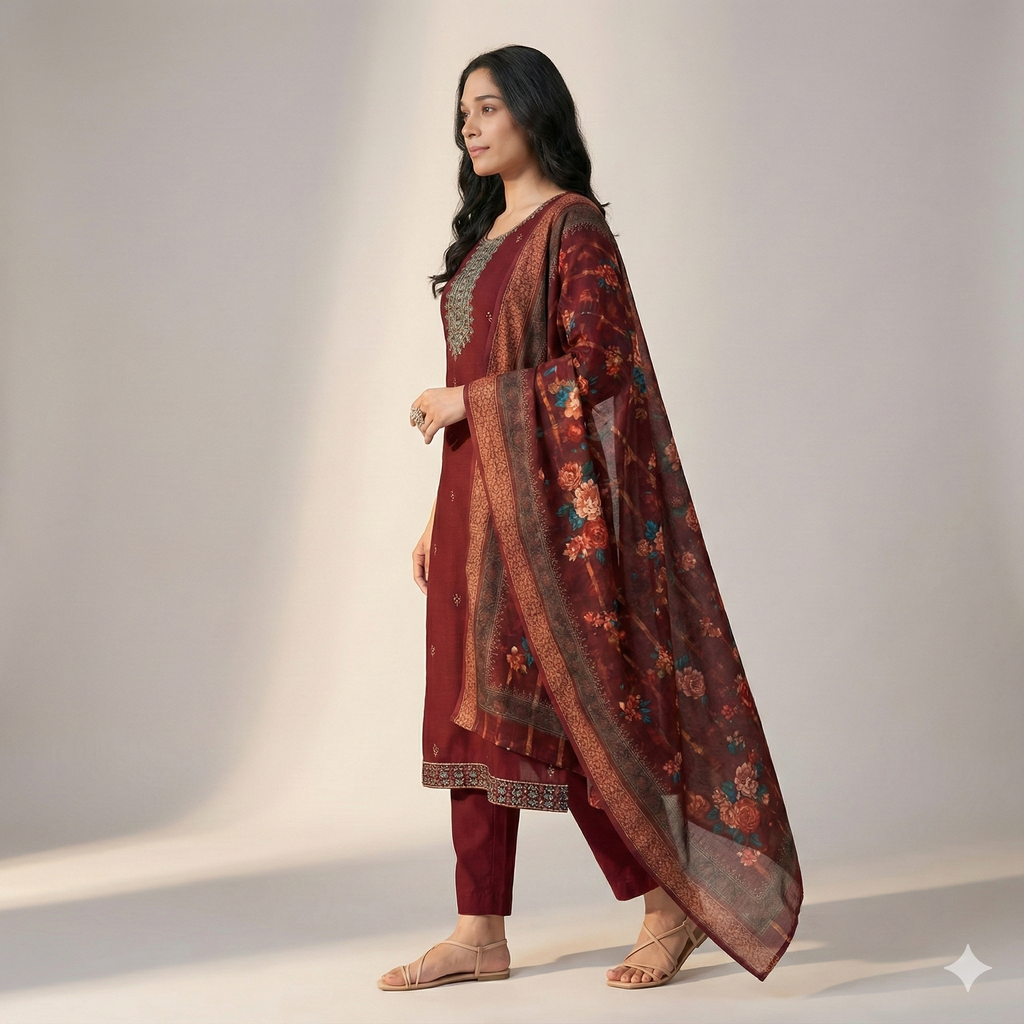 Maroon Embroidered 3-Piece Suit Set for Women – Kurta, Straight Pants & Printed Dupatta