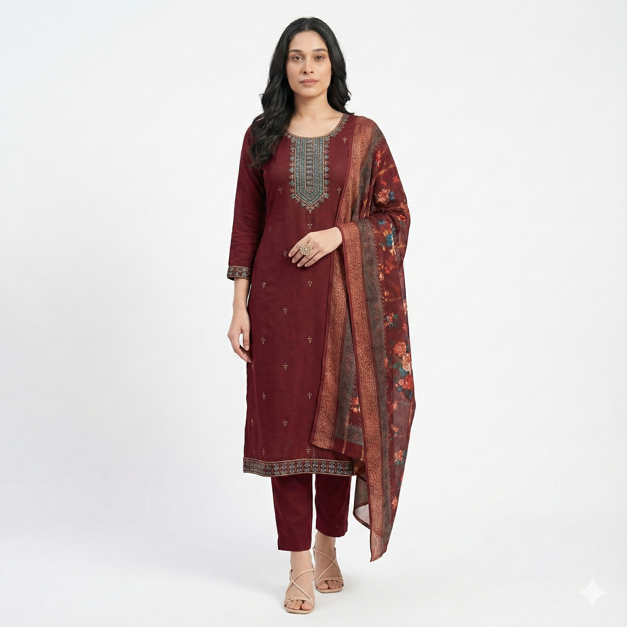 Maroon Embroidered 3-Piece Suit Set for Women – Kurta, Straight Pants & Printed Dupatta