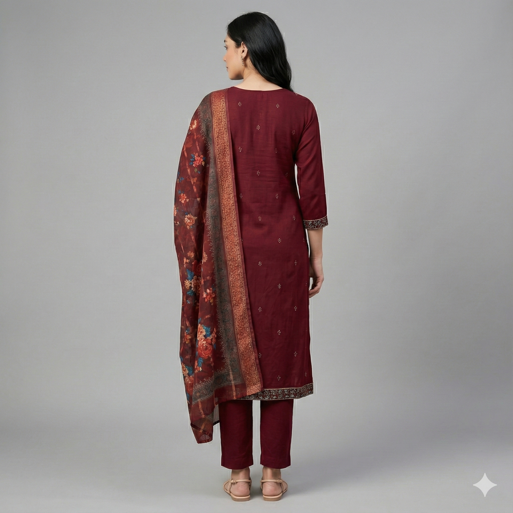 Maroon Embroidered 3-Piece Suit Set for Women – Kurta, Straight Pants & Printed Dupatta