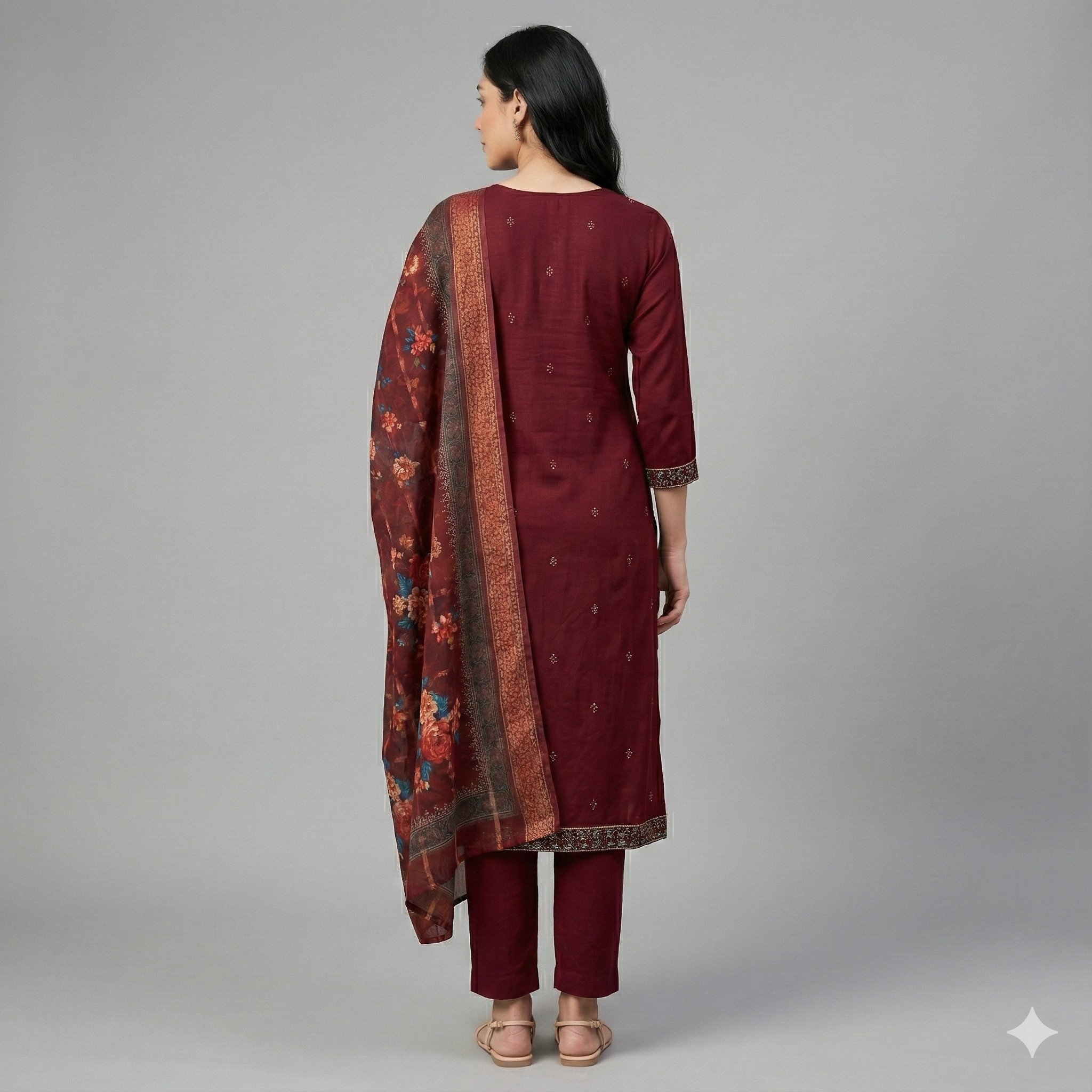 Maroon Embroidered 3-Piece Suit Set for Women – Kurta, Straight Pants & Printed Dupatta