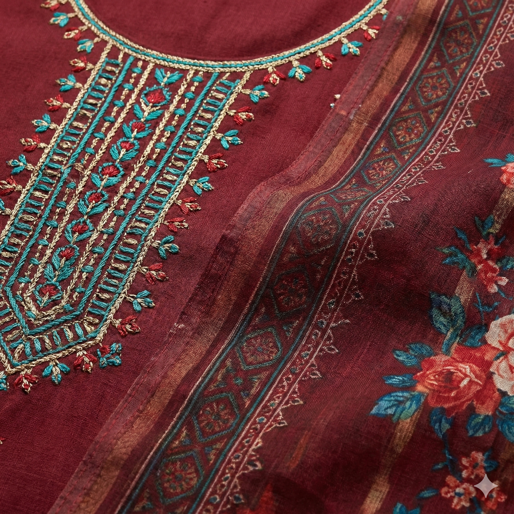 Maroon Embroidered 3-Piece Suit Set for Women – Kurta, Straight Pants & Printed Dupatta