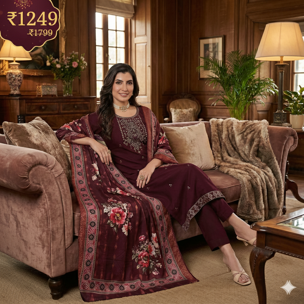 Maroon Embroidered 3-Piece Suit Set for Women – Kurta, Straight Pants & Printed Dupatta