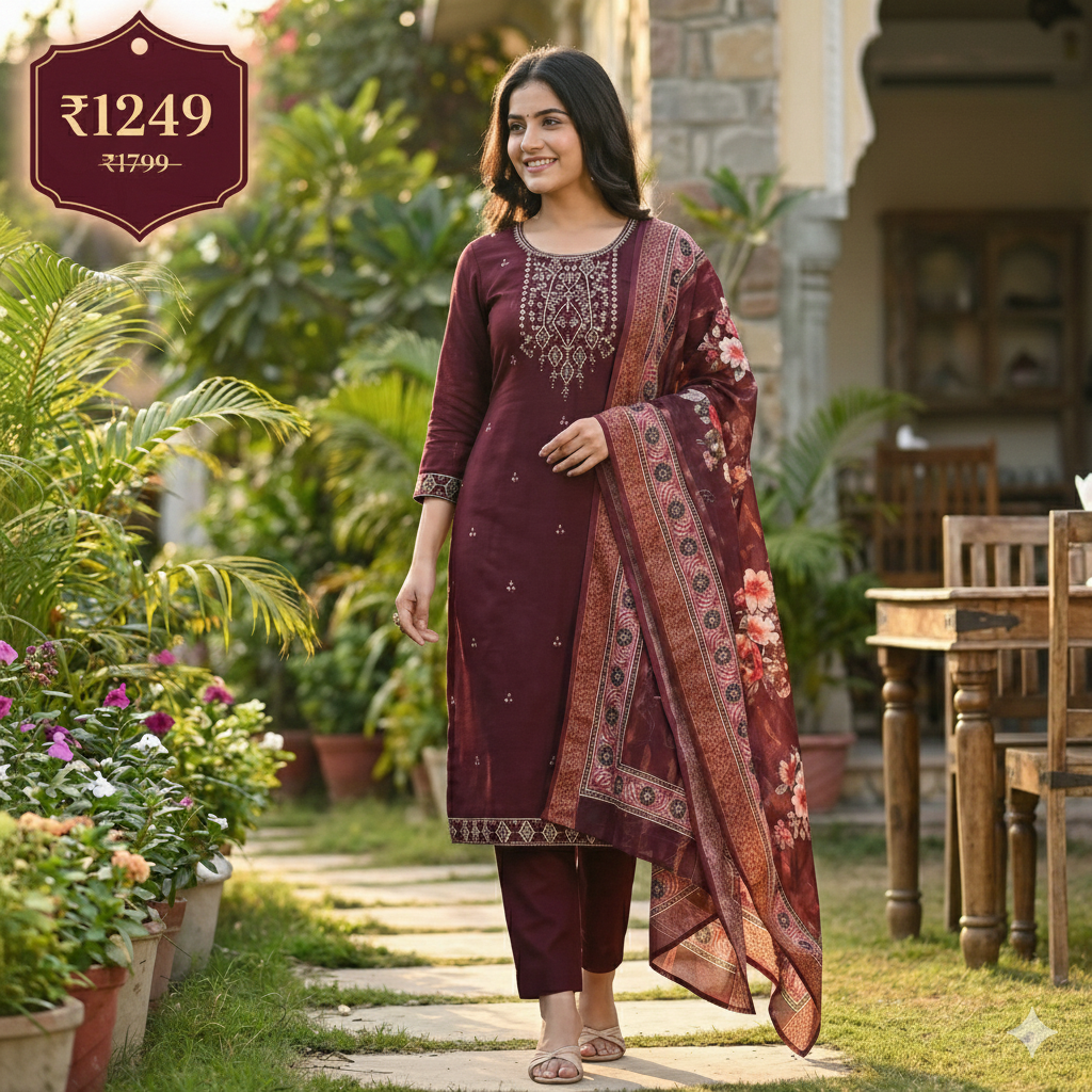Maroon Embroidered 3-Piece Suit Set for Women – Kurta, Straight Pants & Printed Dupatta