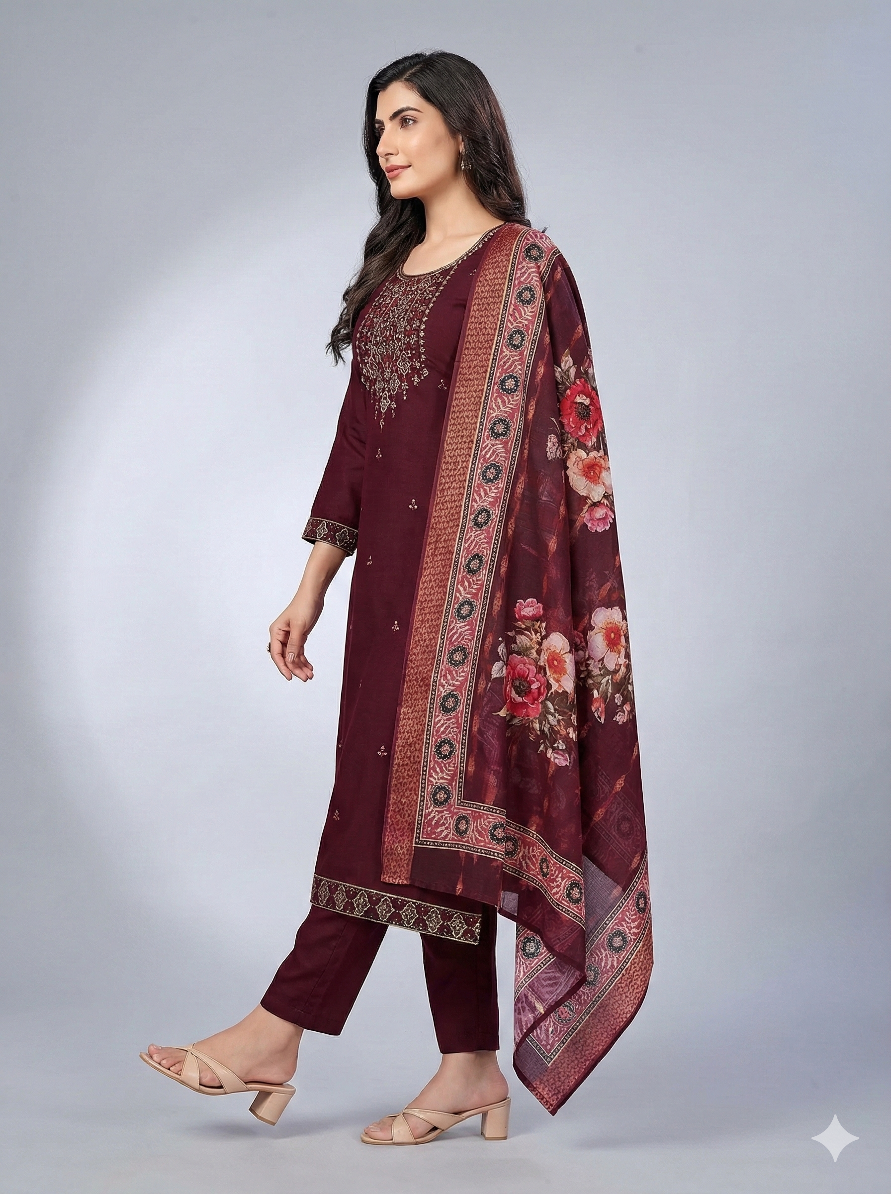 Maroon Embroidered 3-Piece Suit Set for Women – Kurta, Straight Pants & Printed Dupatta