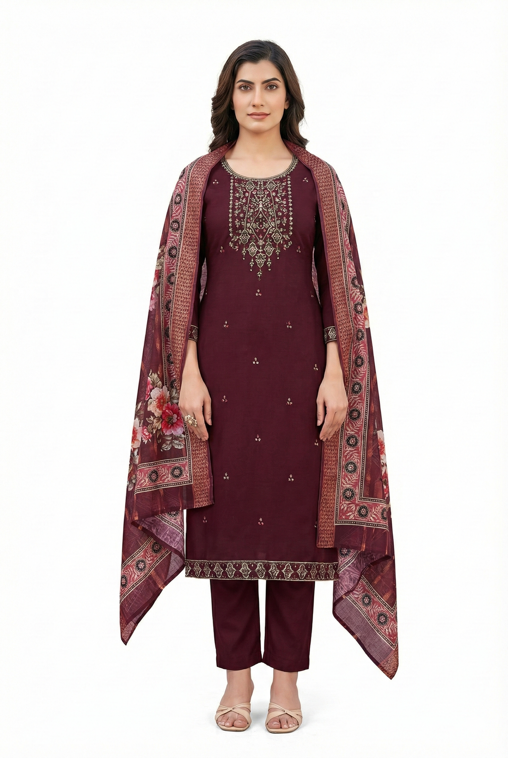 Maroon Embroidered 3-Piece Suit Set for Women – Kurta, Straight Pants & Printed Dupatta