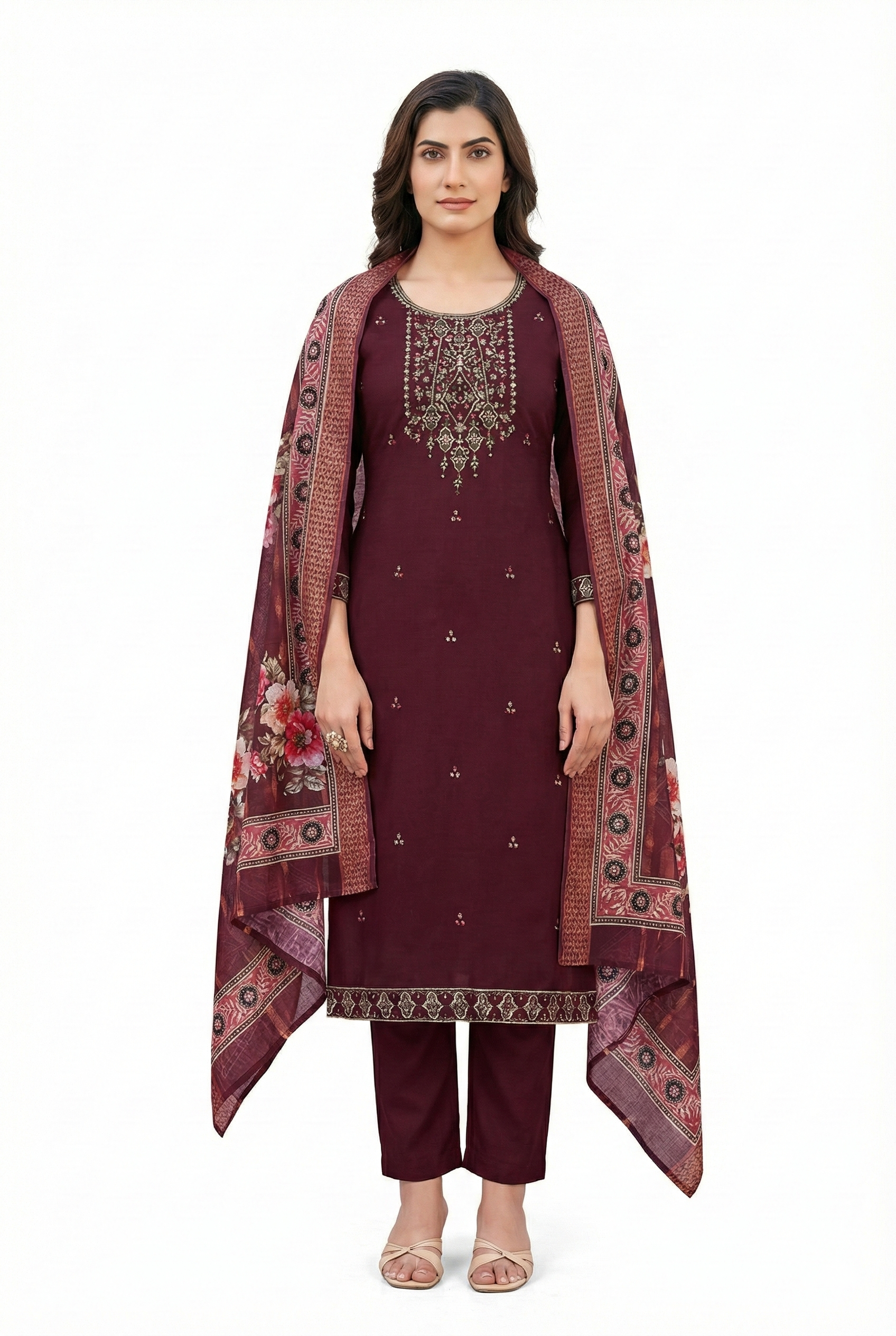 Maroon Embroidered 3-Piece Suit Set for Women – Kurta, Straight Pants & Printed Dupatta