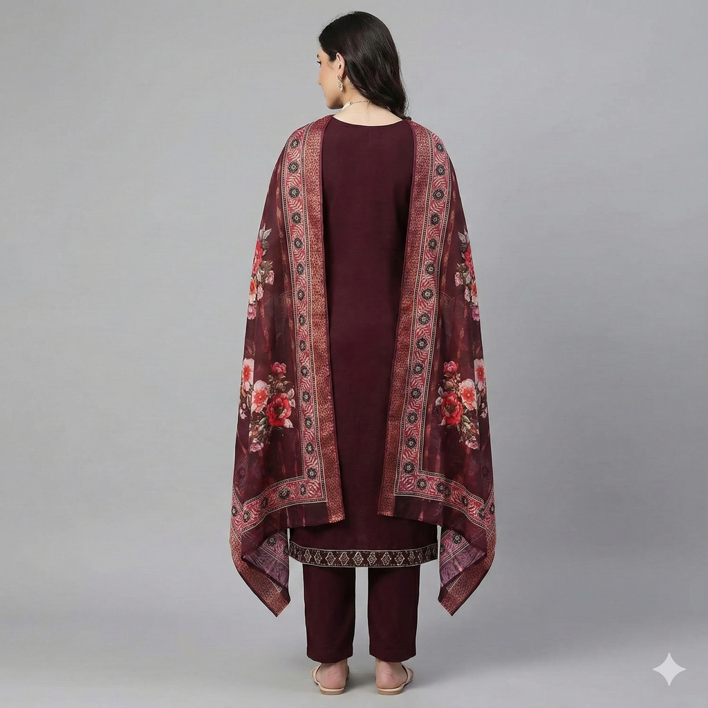 Maroon Embroidered 3-Piece Suit Set for Women – Kurta, Straight Pants & Printed Dupatta