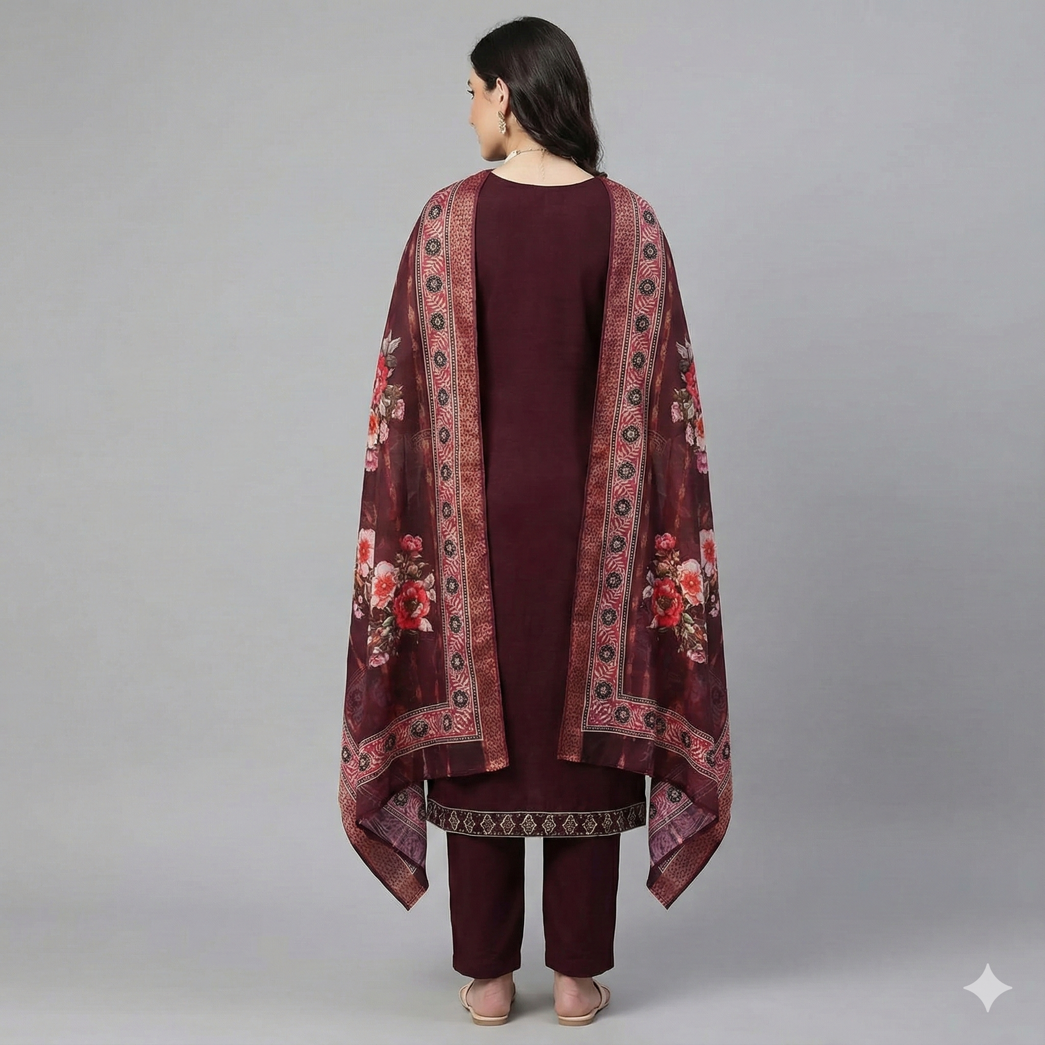 Maroon Embroidered 3-Piece Suit Set for Women – Kurta, Straight Pants & Printed Dupatta