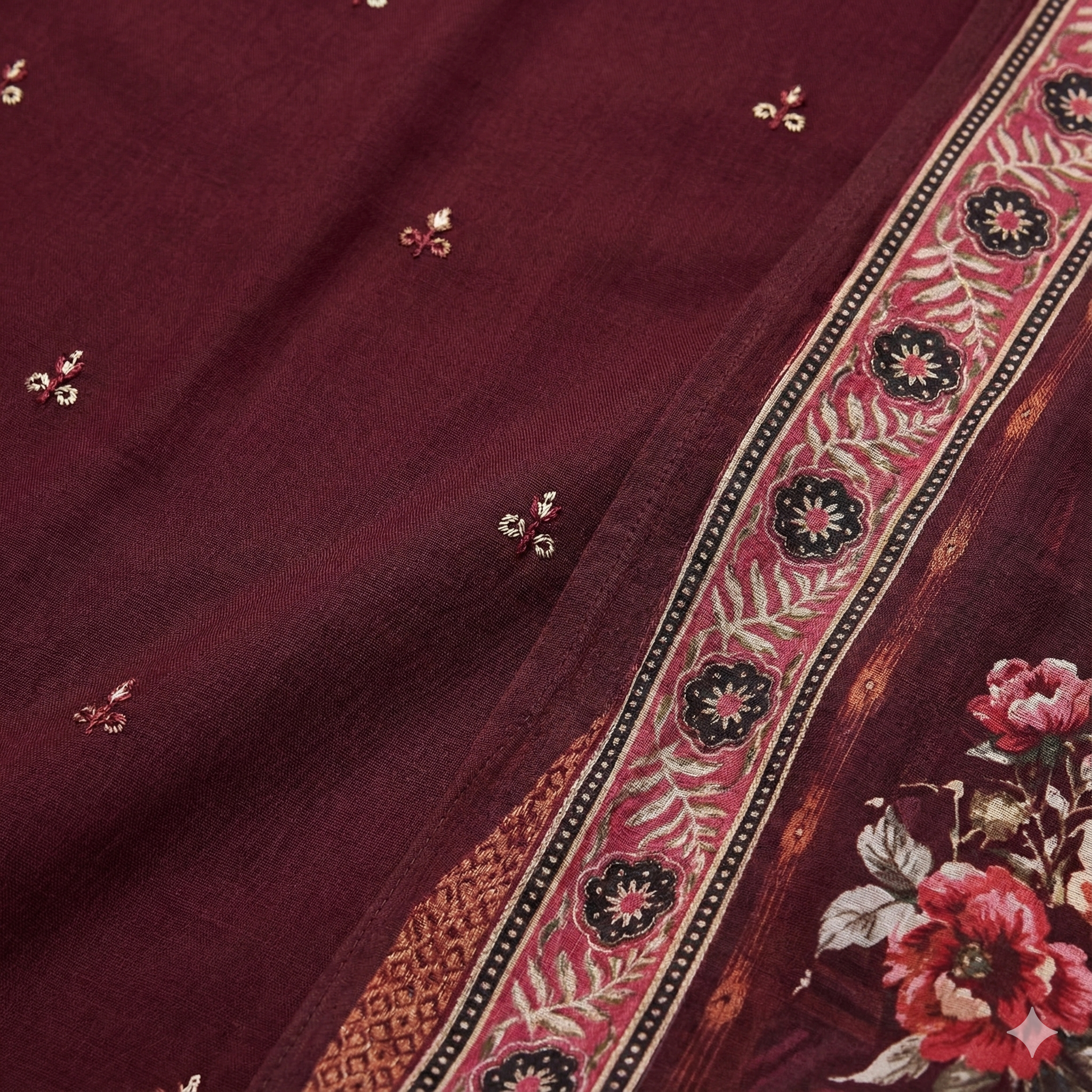 Maroon Embroidered 3-Piece Suit Set for Women – Kurta, Straight Pants & Printed Dupatta