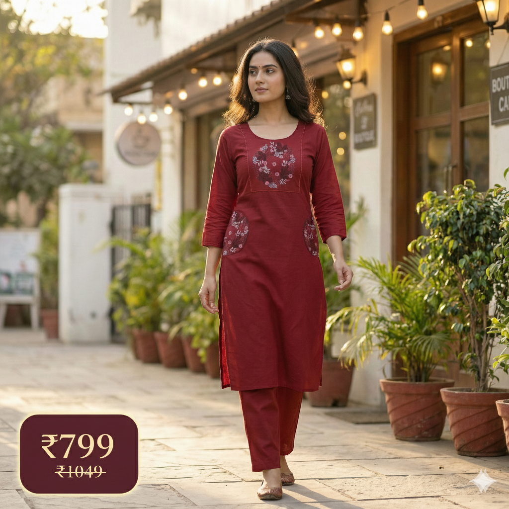 Maroon Embroidered Co-ord Set for Women | Stylish Kurti & Pant Set for Office & Daily Wear