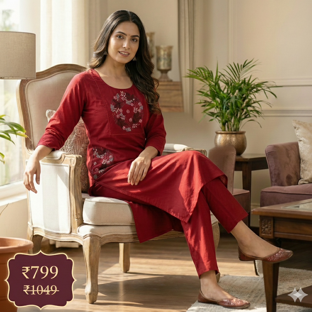 Maroon Embroidered Co-ord Set for Women | Stylish Kurti & Pant Set for Office & Daily Wear