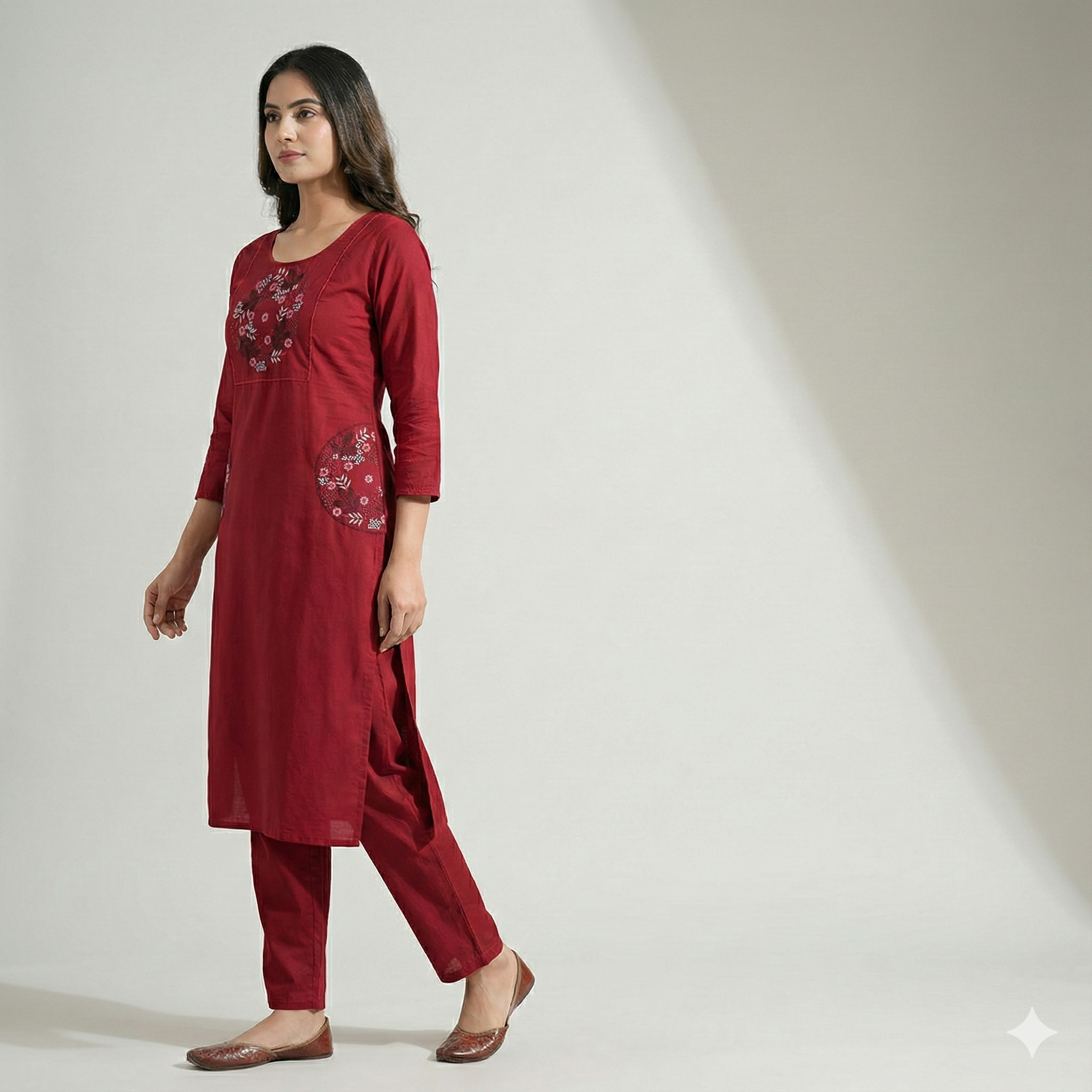 Maroon Embroidered Co-ord Set for Women | Stylish Kurti & Pant Set for Office & Daily Wear