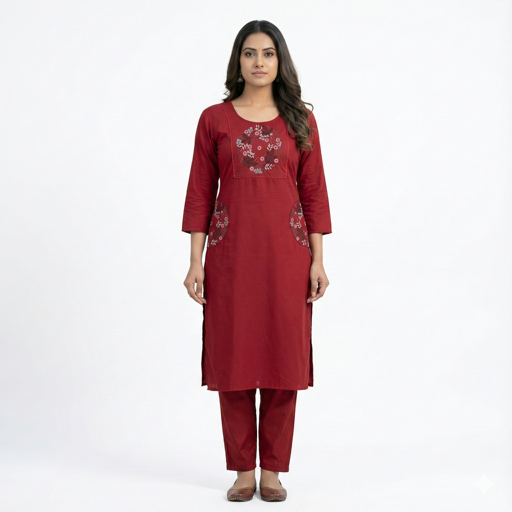 Maroon Embroidered Co-ord Set for Women | Stylish Kurti & Pant Set for Office & Daily Wear