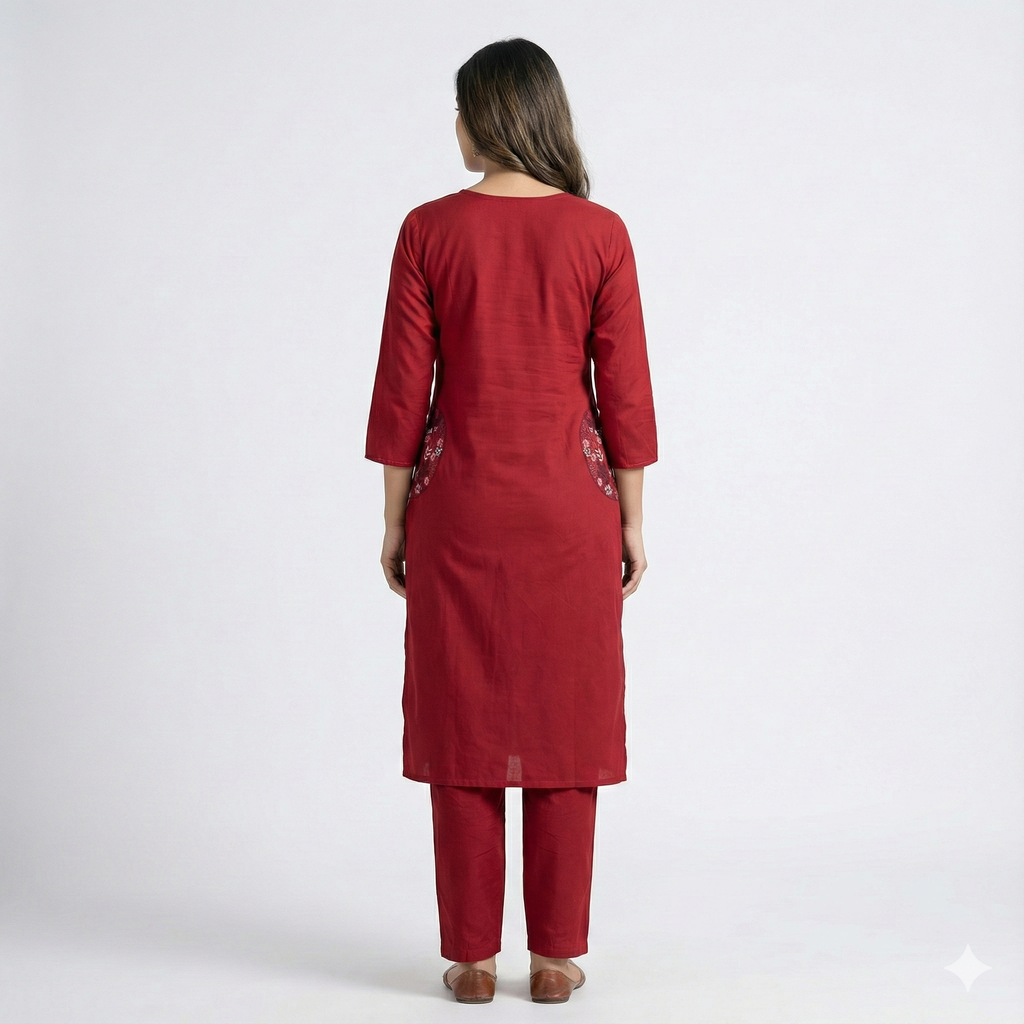 Maroon Embroidered Co-ord Set for Women | Stylish Kurti & Pant Set for Office & Daily Wear