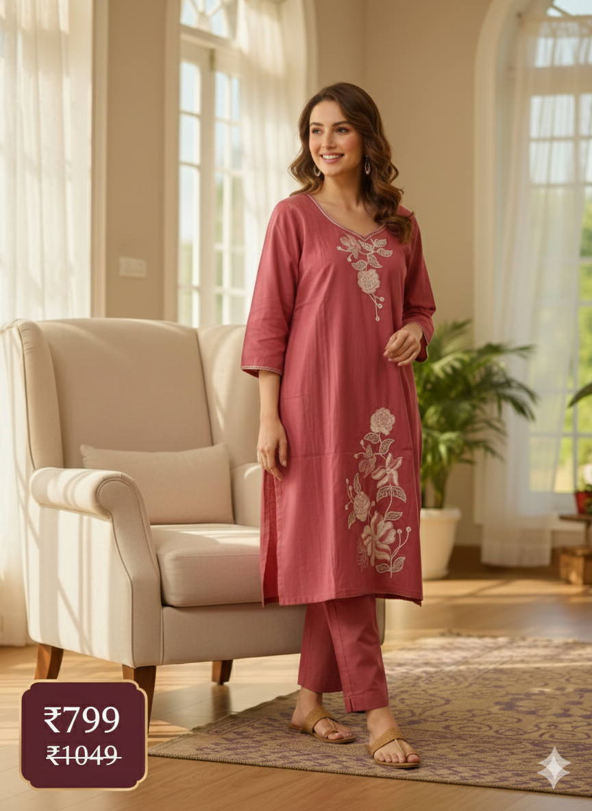 Maroon Embroidered Long Cord Set for Women | Elegant Floral Work Kurta & Pant Co-Ord