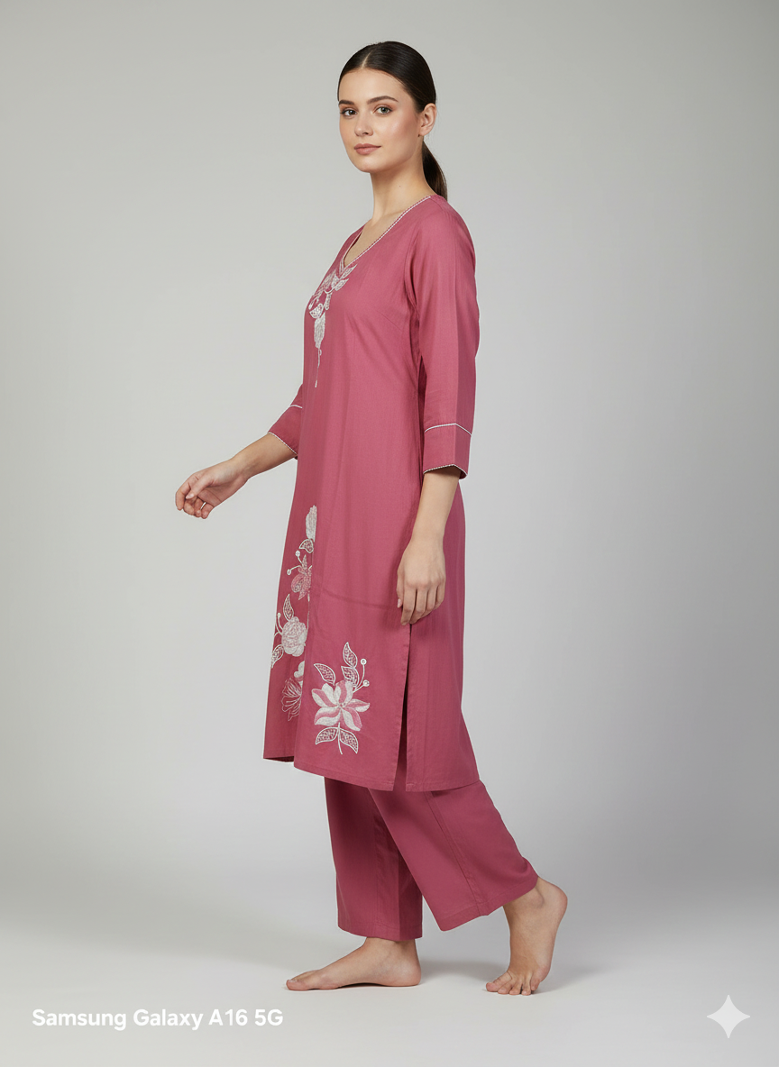Maroon Embroidered Long Cord Set for Women | Elegant Floral Work Kurta & Pant Co-Ord