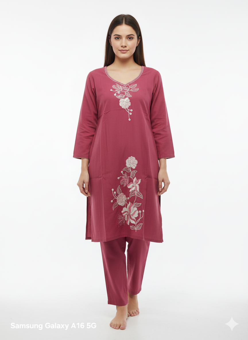 Maroon Embroidered Long Cord Set for Women | Elegant Floral Work Kurta & Pant Co-Ord