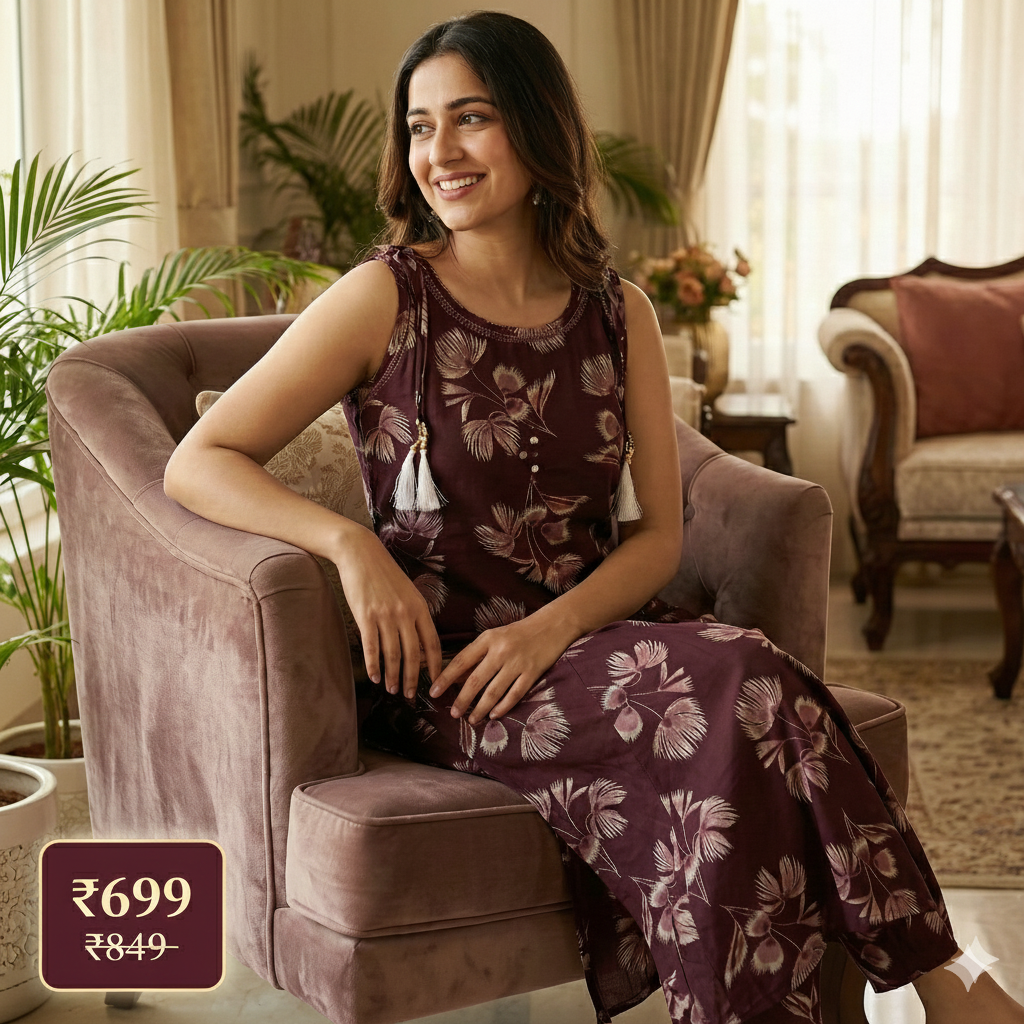 Maroon Floral Printed Sleeveless Co-Ord Set for Women | Comfortable Daily Wear | Short Sleeves Attached Inside