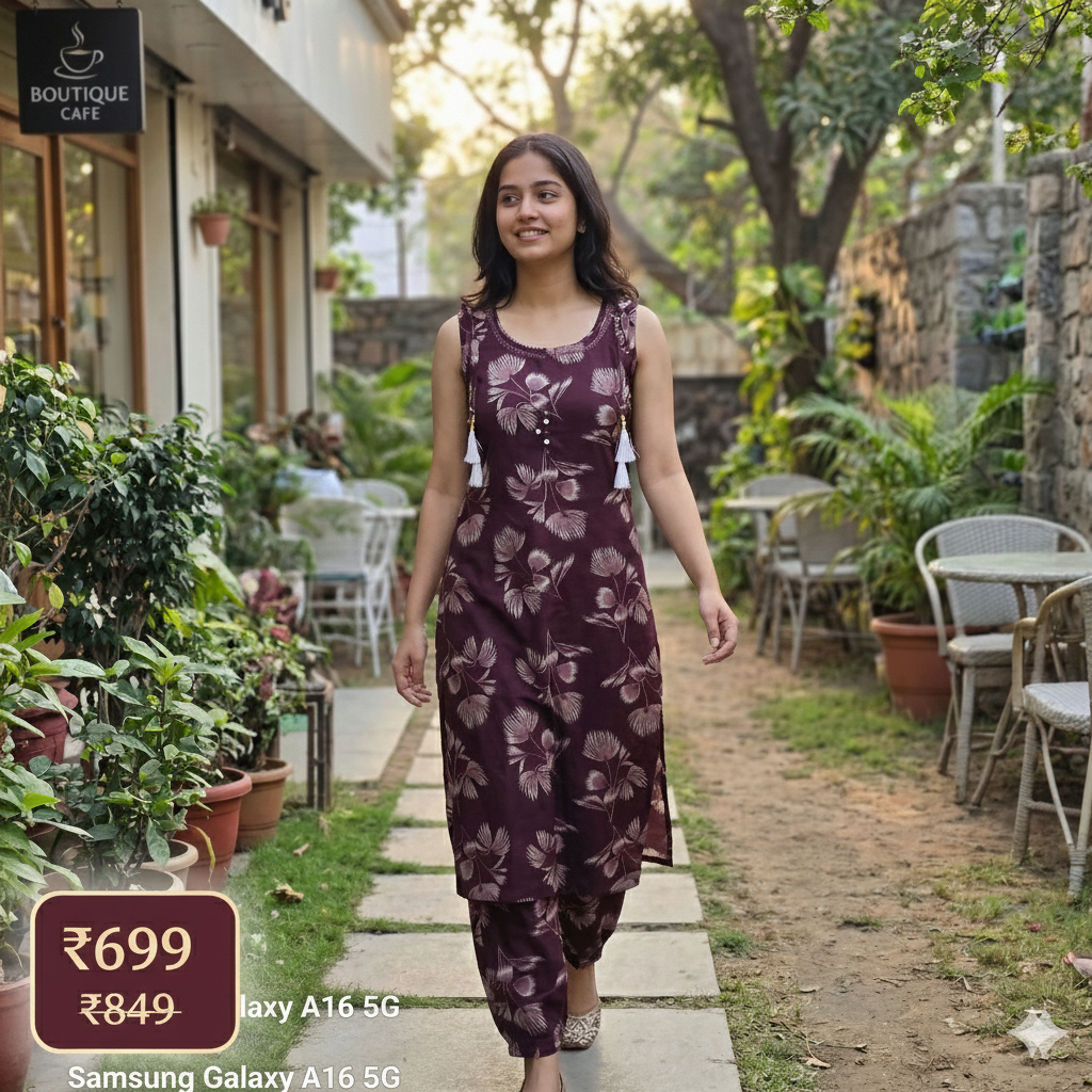 Maroon Floral Printed Sleeveless Co-Ord Set for Women | Comfortable Daily Wear | Short Sleeves Attached Inside