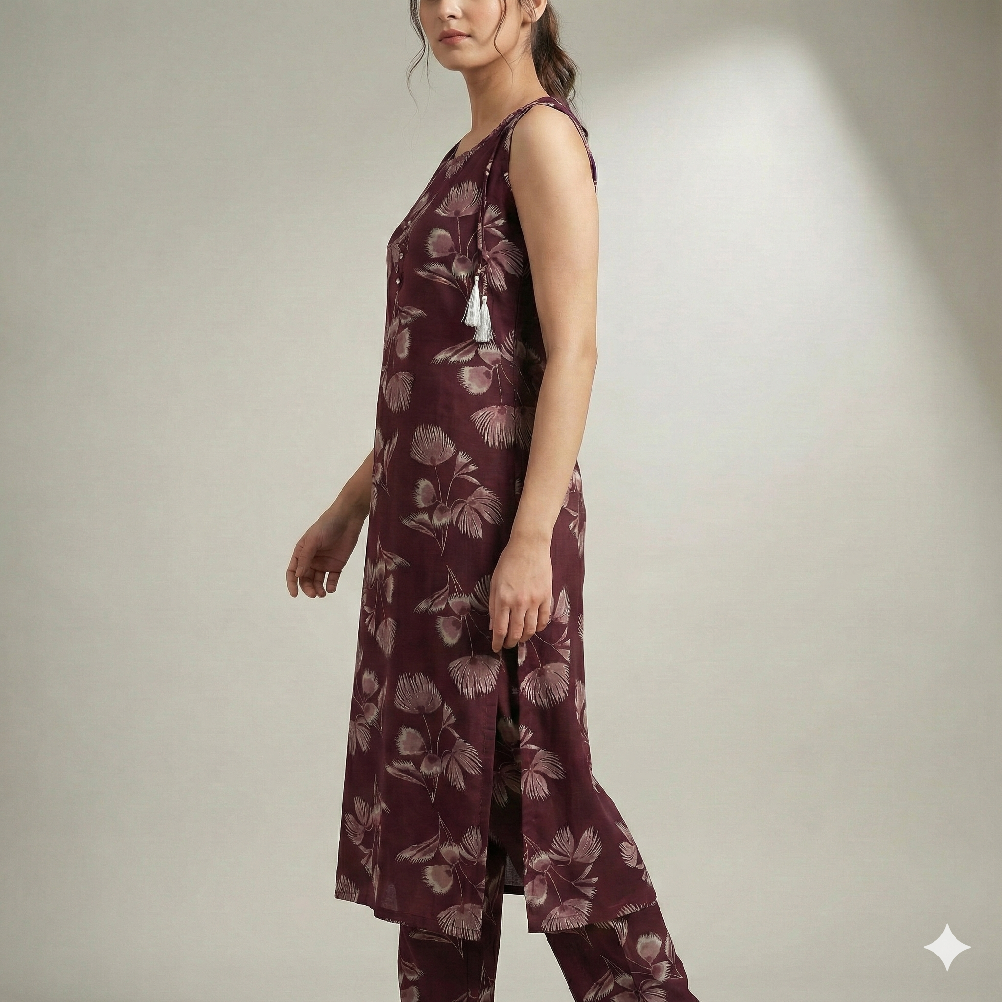 Maroon Floral Printed Sleeveless Co-Ord Set for Women | Comfortable Daily Wear | Short Sleeves Attached Inside