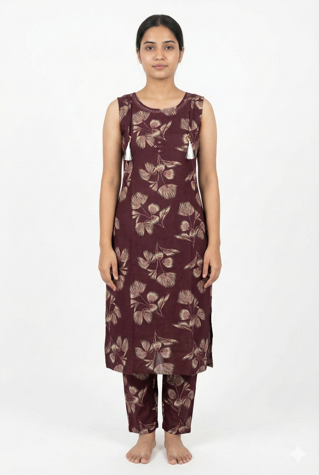 Maroon Floral Printed Sleeveless Co-Ord Set for Women | Comfortable Daily Wear | Short Sleeves Attached Inside