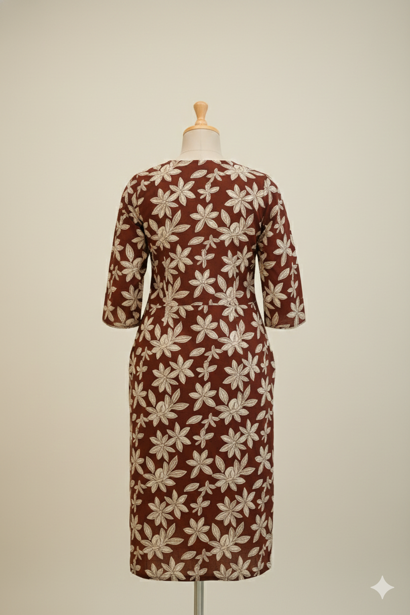 Maroon Floral Printed Straight Kurti with Mirror-Work Neckline – Soft Cotton Everyday Wear