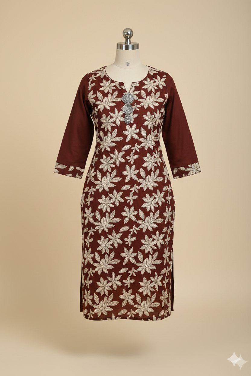 Maroon Floral Printed Straight Kurti with Mirror-Work Neckline – Soft Cotton Everyday Wear