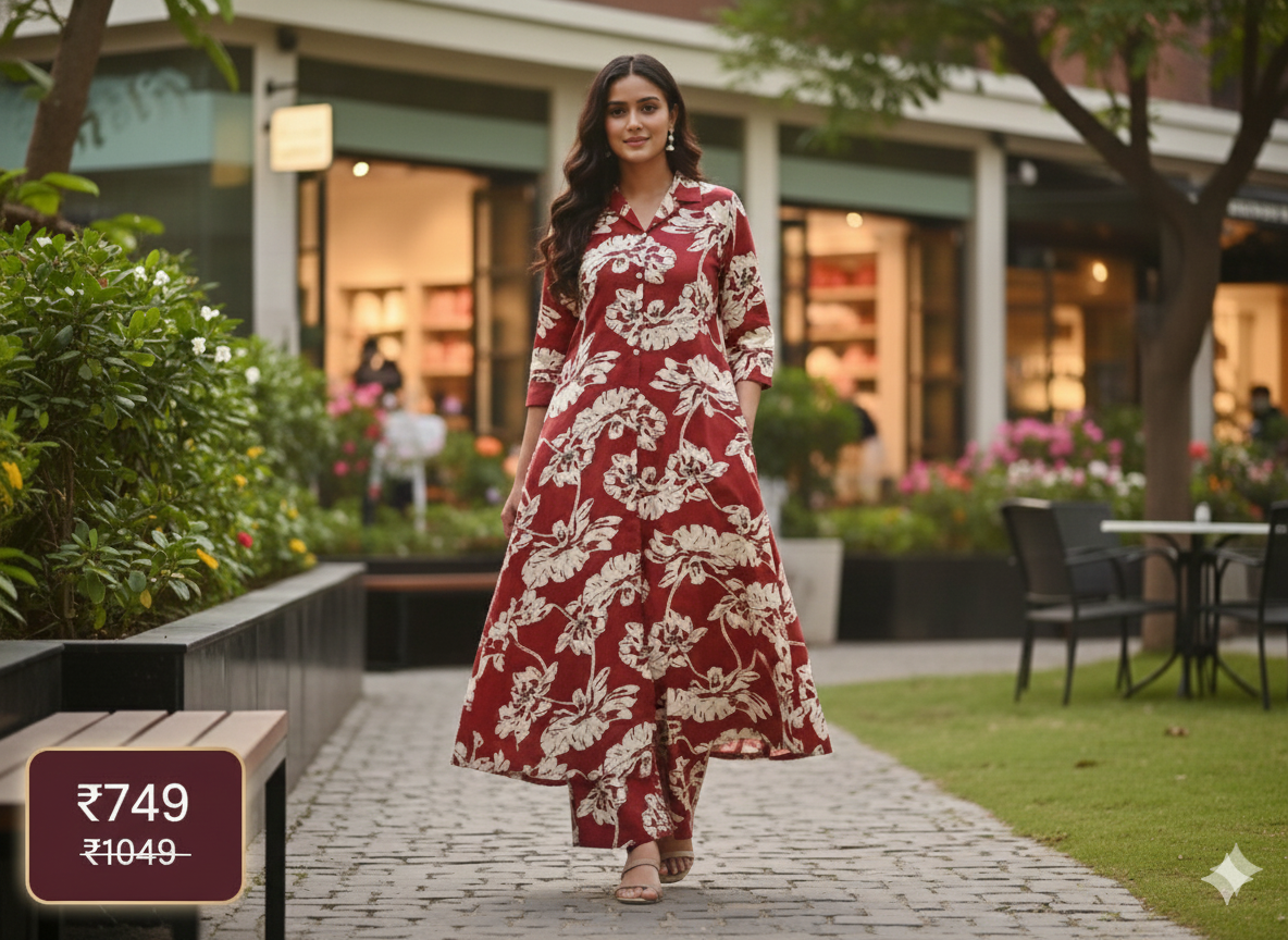 Maroon Floral Long Cord Set for Women – Elegant Long Kurta & Pant Co-ord | Premium Cotton Ethnic Wear for Daily & Festive Styling