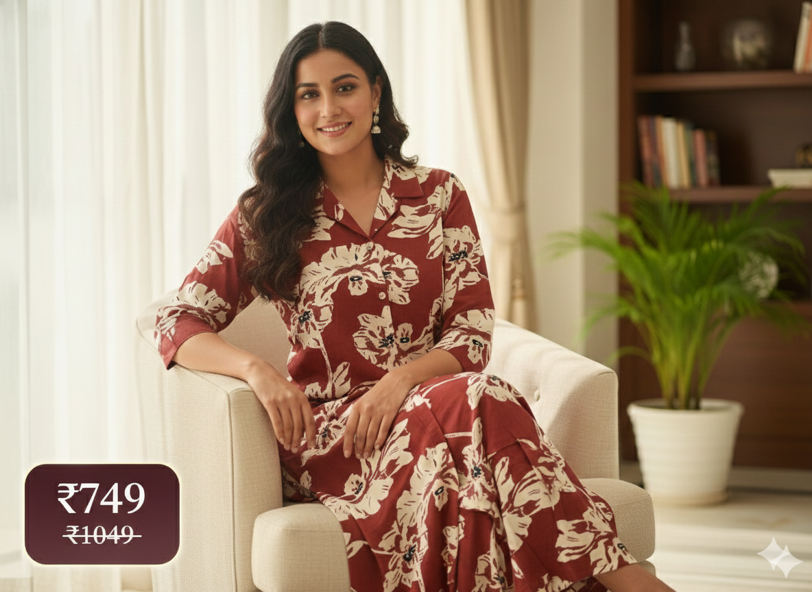 Maroon Floral Long Cord Set for Women – Elegant Long Kurta & Pant Co-ord | Premium Cotton Ethnic Wear for Daily & Festive Styling