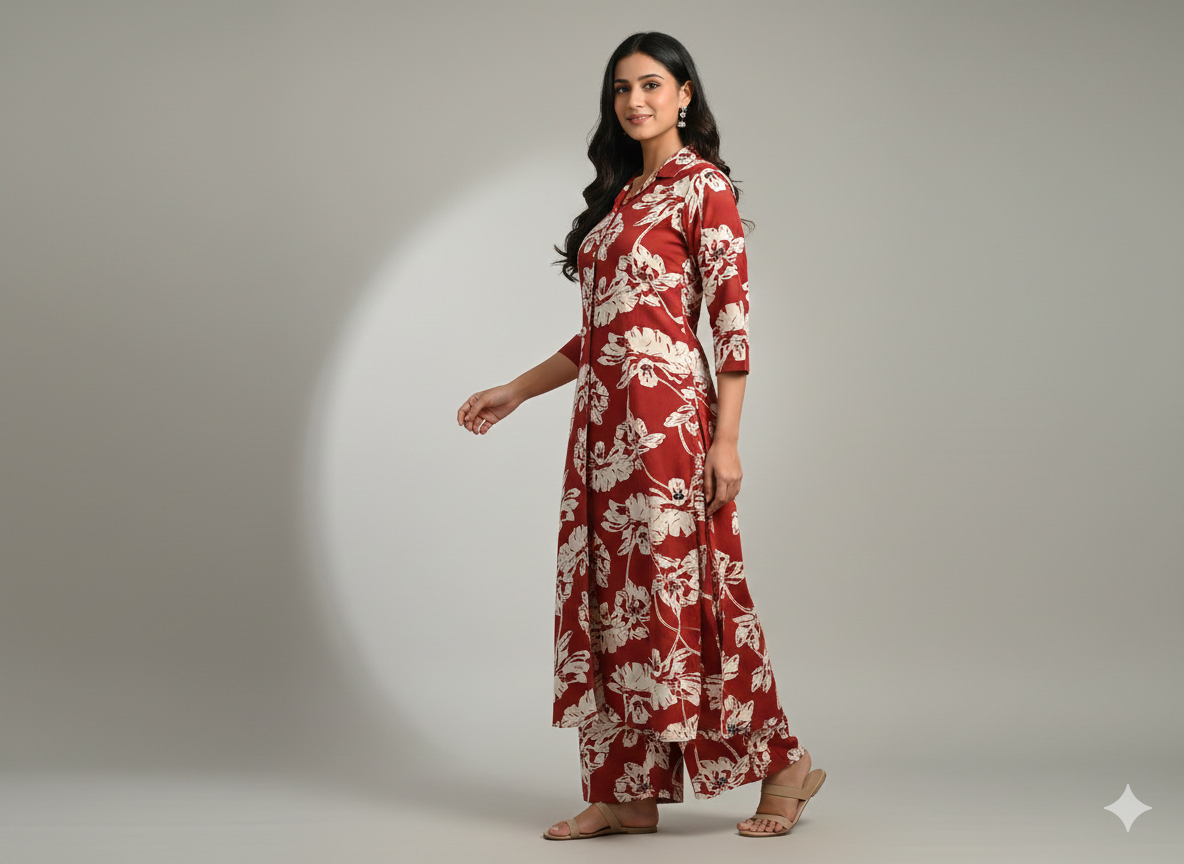 Maroon Floral Long Cord Set for Women – Elegant Long Kurta & Pant Co-ord | Premium Cotton Ethnic Wear for Daily & Festive Styling