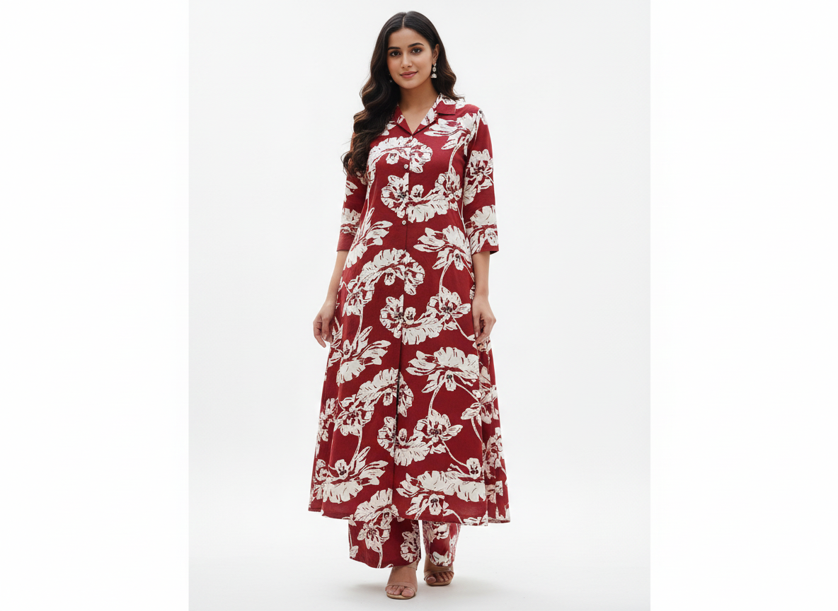 Maroon Floral Long Cord Set for Women – Elegant Long Kurta & Pant Co-ord | Premium Cotton Ethnic Wear for Daily & Festive Styling