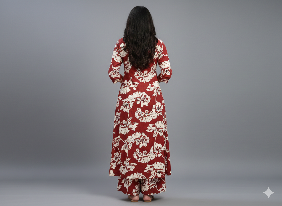 Maroon Floral Long Cord Set for Women – Elegant Long Kurta & Pant Co-ord | Premium Cotton Ethnic Wear for Daily & Festive Styling