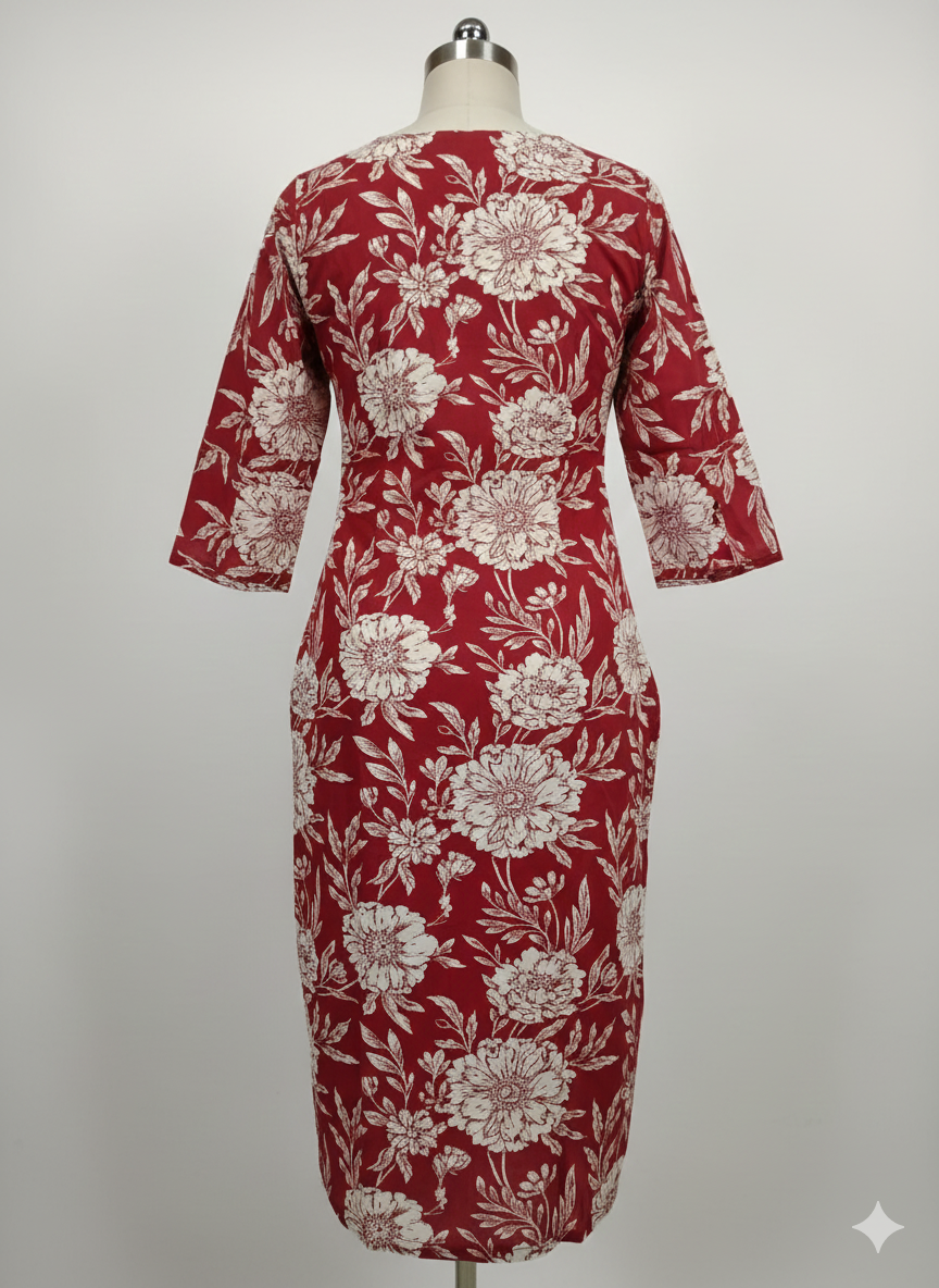 Maroon Floral Printed Cotton Straight Kurti for Women | 3/4 Sleeve Everyday Wear Kurta