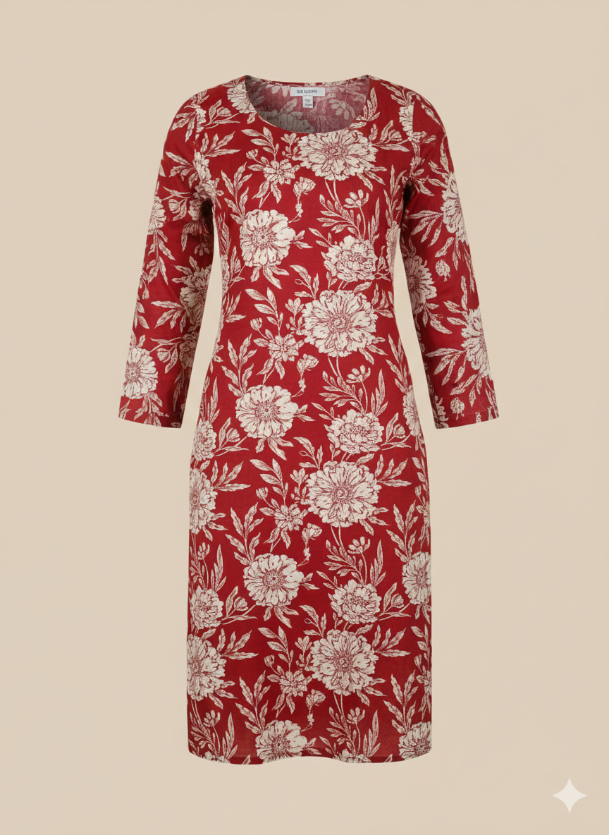 Maroon Floral Printed Cotton Straight Kurti for Women | 3/4 Sleeve Everyday Wear Kurta