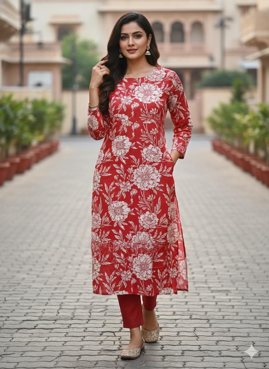 Maroon Floral Printed Cotton Straight Kurti for Women | 3/4 Sleeve Everyday Wear Kurta
