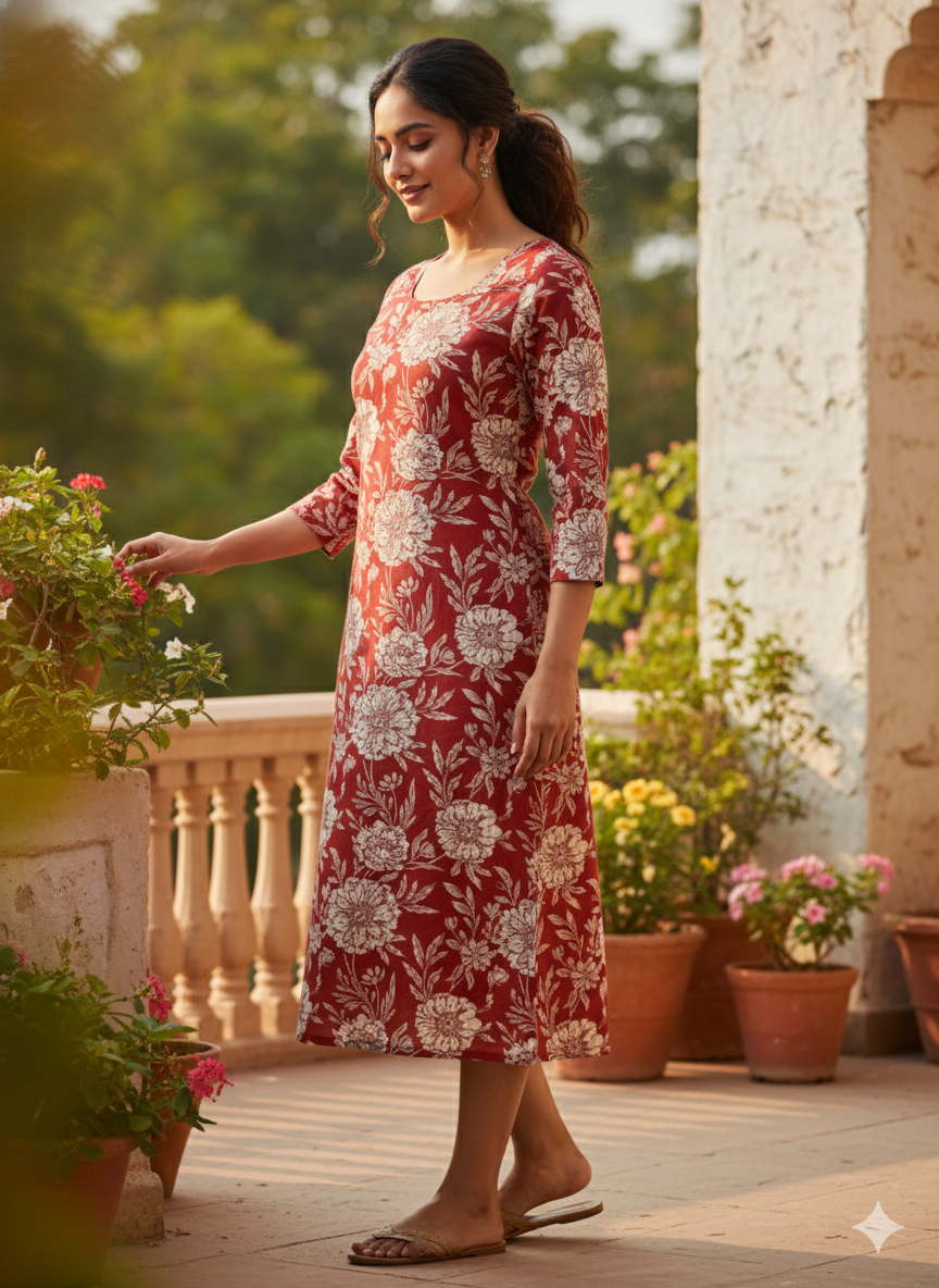 Maroon Floral Printed Cotton Straight Kurti for Women | 3/4 Sleeve Everyday Wear Kurta