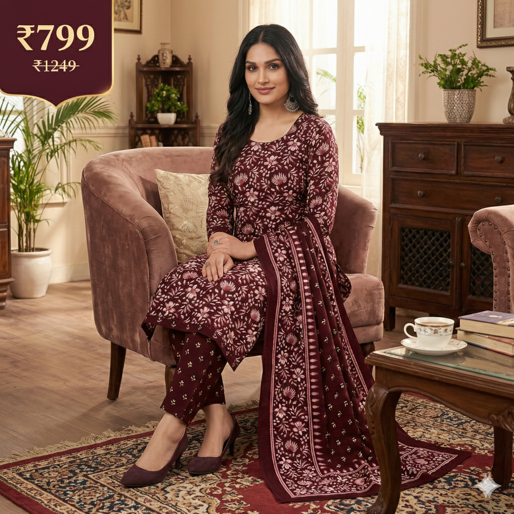 Maroon Floral Printed Cotton 3-Piece Suit Set for Women – Kurta, Pant & Dupatta