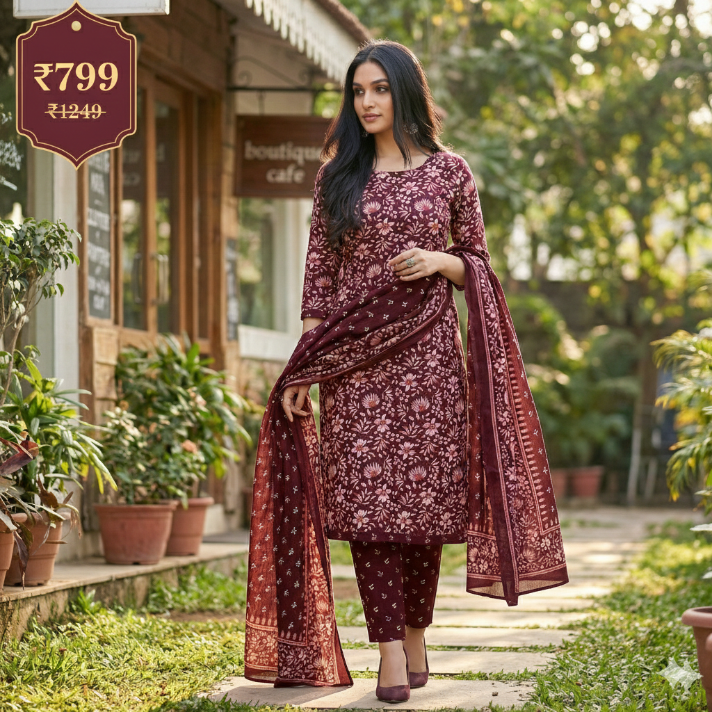 Maroon Floral Printed Cotton 3-Piece Suit Set for Women – Kurta, Pant & Dupatta