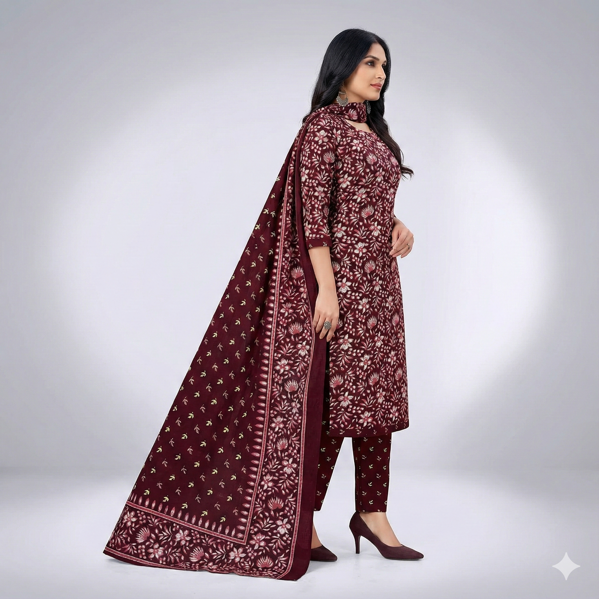 Maroon Floral Printed Cotton 3-Piece Suit Set for Women – Kurta, Pant & Dupatta