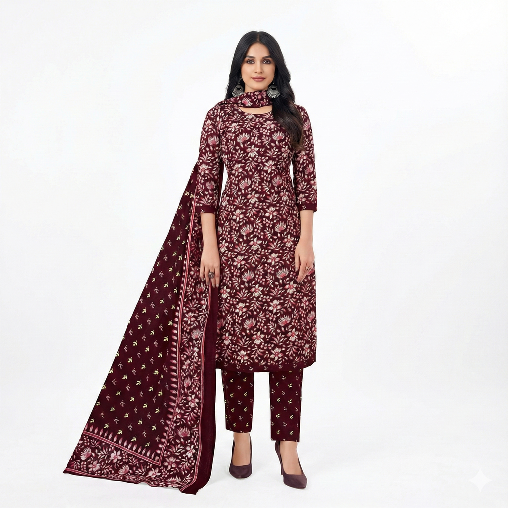 Maroon Floral Printed Cotton 3-Piece Suit Set for Women – Kurta, Pant & Dupatta