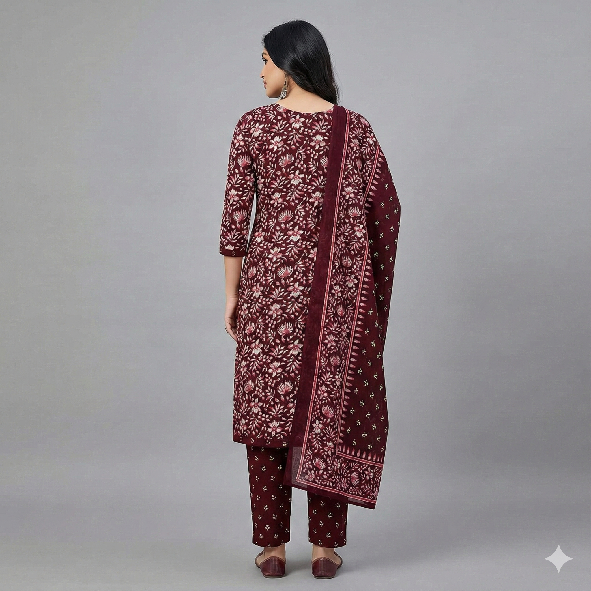 Maroon Floral Printed Cotton 3-Piece Suit Set for Women – Kurta, Pant & Dupatta