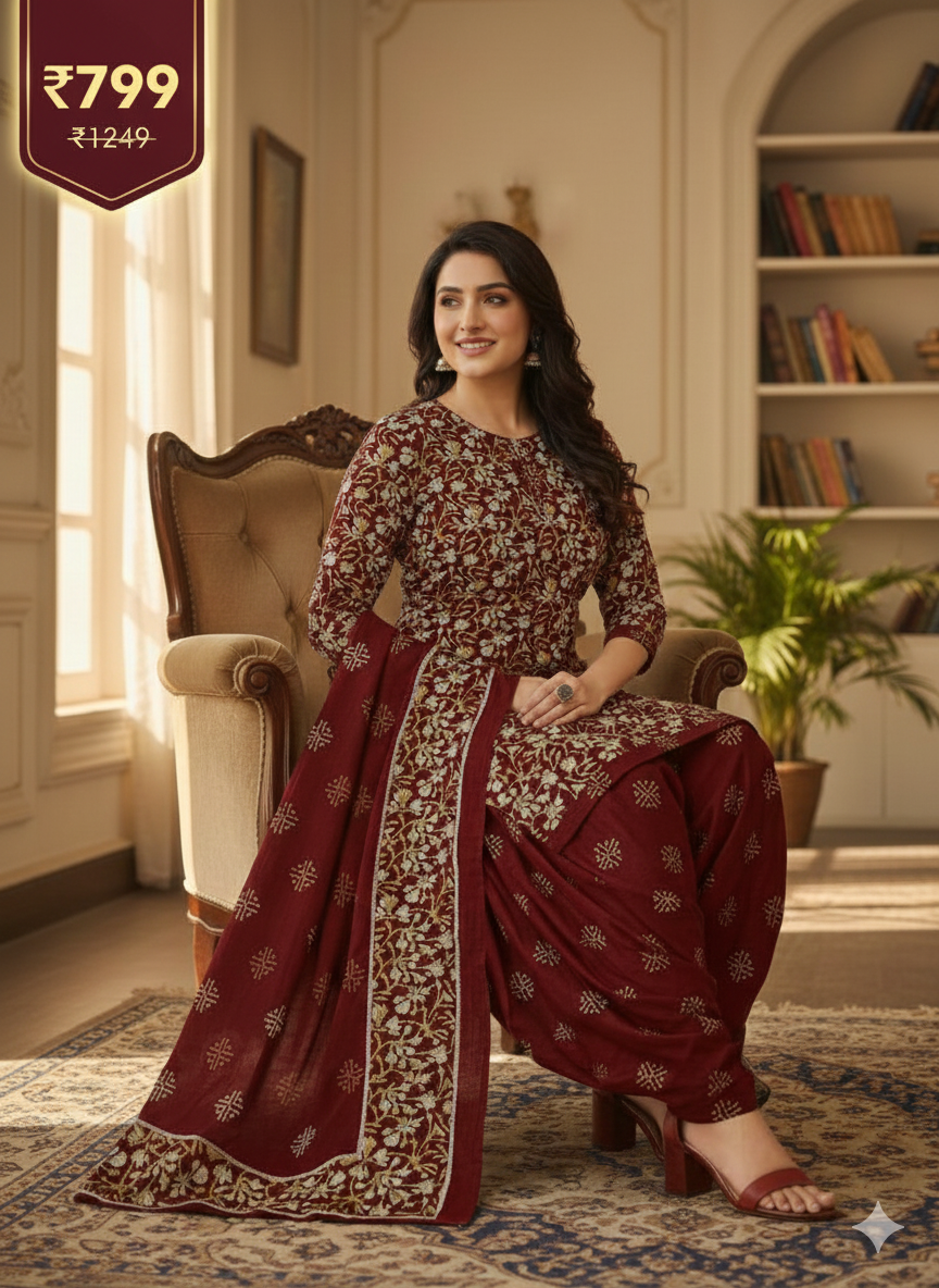 Maroon Printed Patiala Suit for Women – 5XL Premium 3-Piece Kurta, Patiala Pant & Dupatta Set