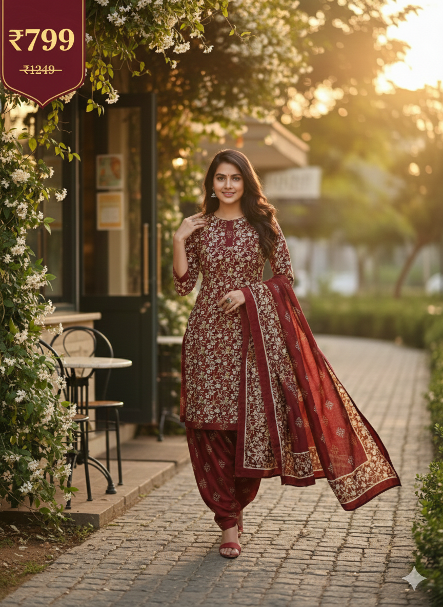 Maroon Printed Patiala Suit for Women – 5XL Premium 3-Piece Kurta, Patiala Pant & Dupatta Set