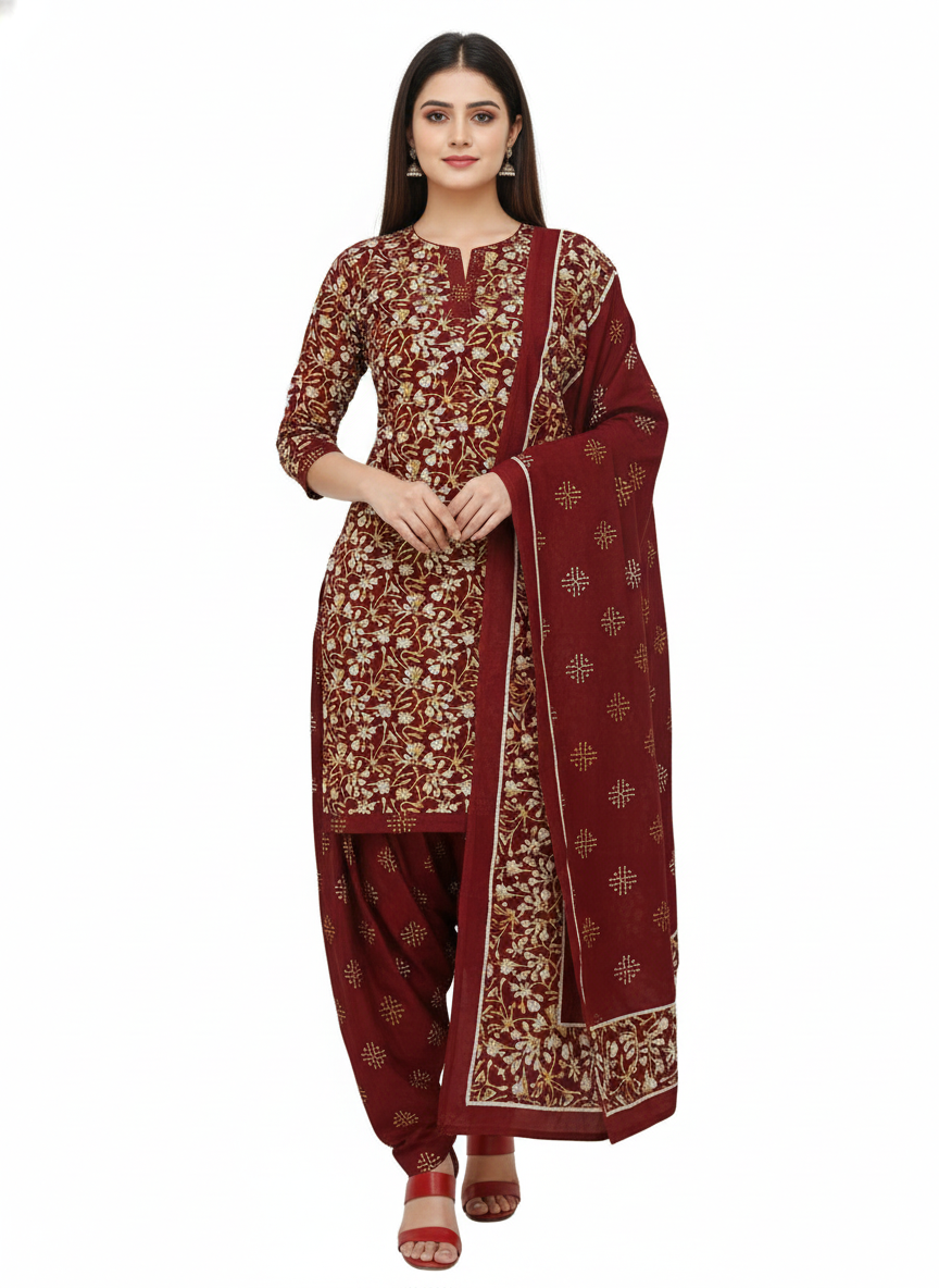 Maroon Printed Patiala Suit for Women – 5XL Premium 3-Piece Kurta, Patiala Pant & Dupatta Set