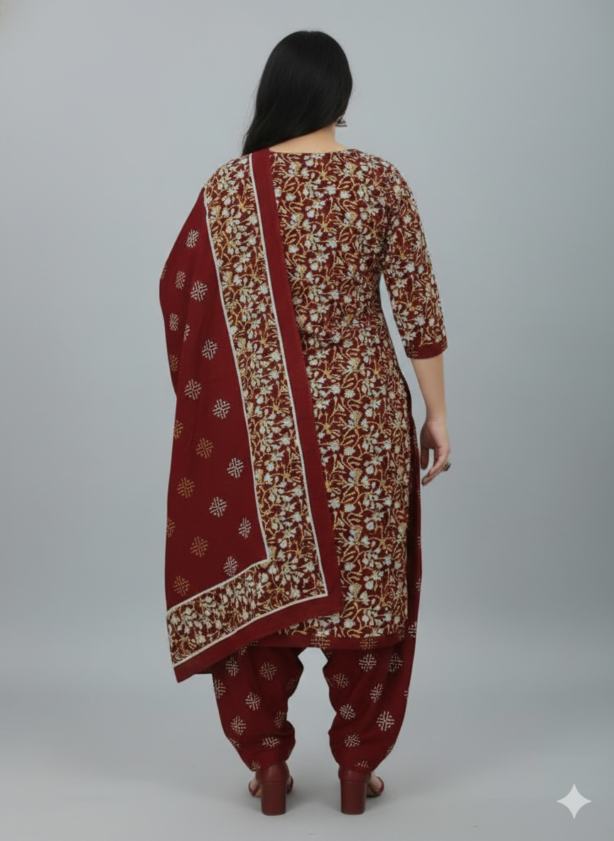 Maroon Printed Patiala Suit for Women – 5XL Premium 3-Piece Kurta, Patiala Pant & Dupatta Set