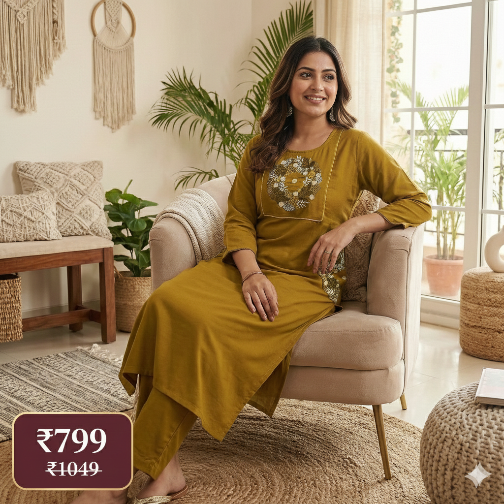 Mustard Cotton Embroidered Co-ord Set for Women – Elegant Kurta & Pant Set | Daily & Office Wear