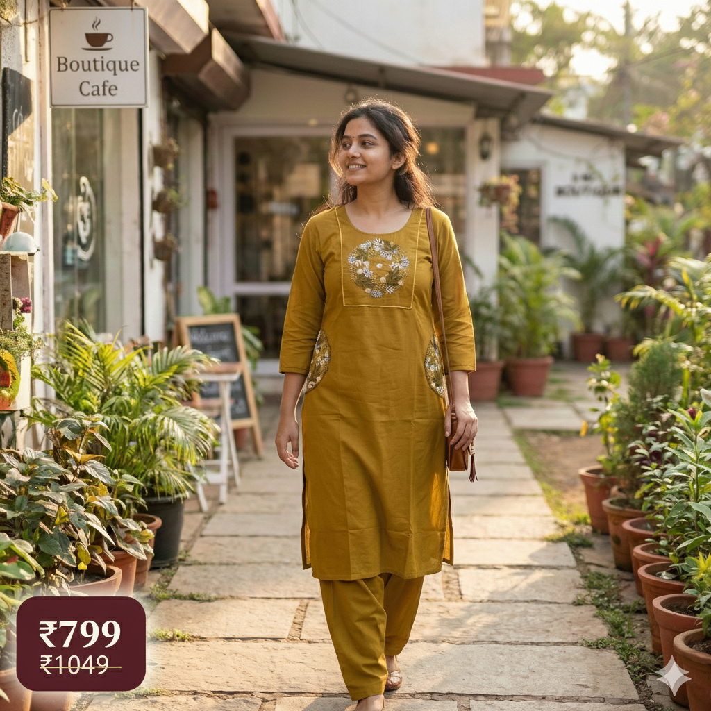 Mustard Cotton Embroidered Co-ord Set for Women – Elegant Kurta & Pant Set | Daily & Office Wear